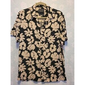 Hawaiian Floral Botanical Nautical Men Med Short Sleeve Button Down Shirt Black